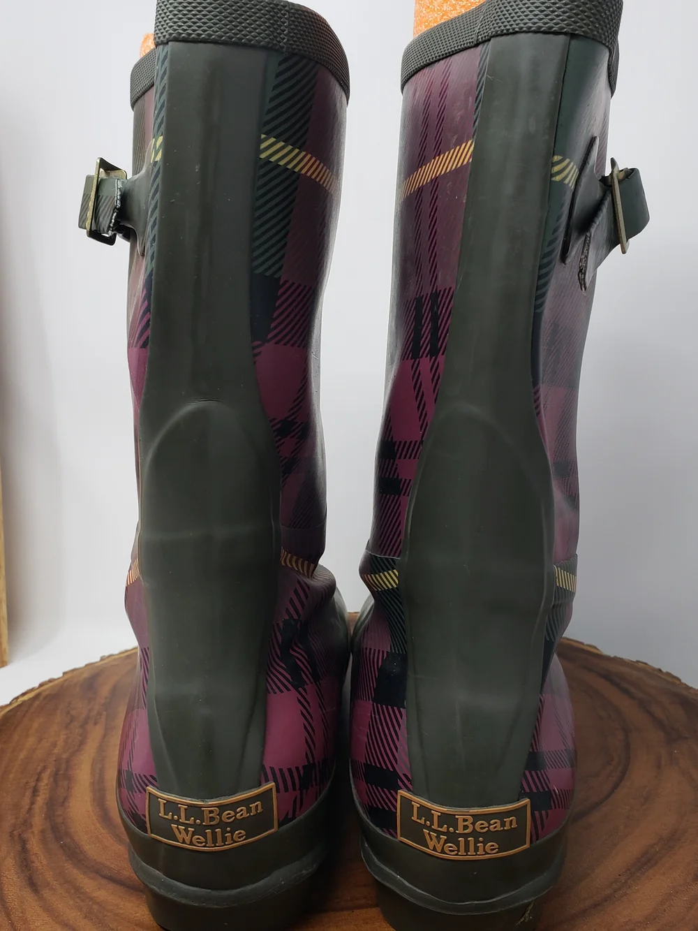L.L. Bean Burgundy and Green Plaid Rain Boots